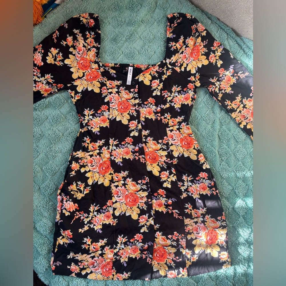 RVCA Floral Square-Neck Long Sleeve Mini Dress